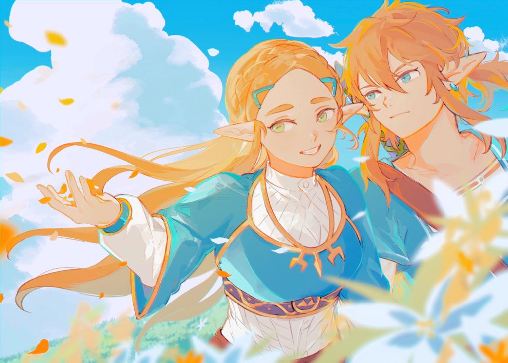 1boy, 1girl, bangs, blonde_hair, blue_eyes, blue_flower, blue_jacket, blue_shirt