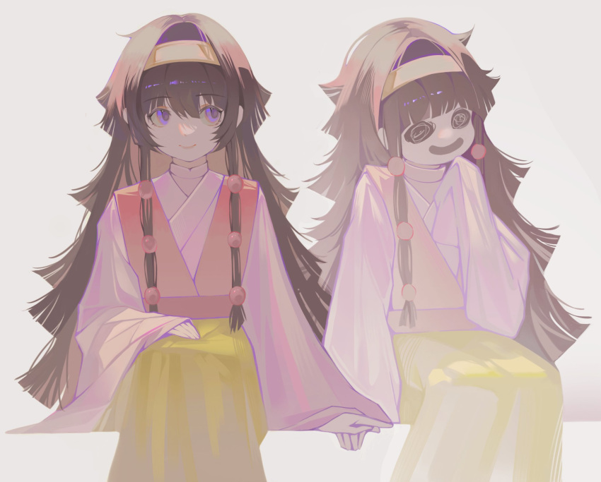 2others, @_@, alluka_zoldyck, ambiguous_gender, bangs, black_hair, feet_out_of_frame, feitian5575, hairband, happy, highres, holding_hands, hunter_x_hunter, long_hair, long_sleeves, multiple_others, nanika_(hunter_x_hunter), sitting, smile