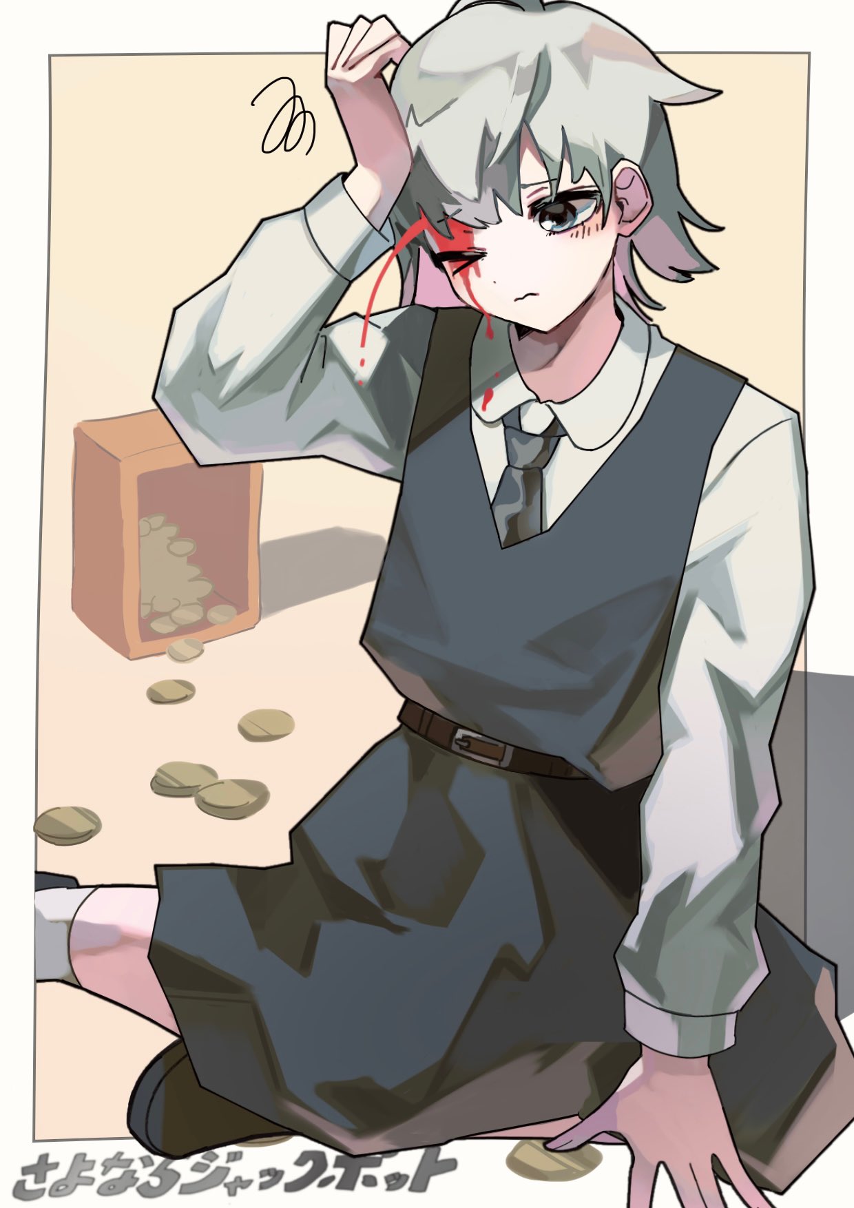 >_o, 1girl, bangs, belt, black_dress, black_necktie, bleeding_from_forehead, blood, blood_on_face, blood_spray, border, box, closed_mouth, coin, collared_shirt, dress, flipped_hair, frown, furrowed_brow, gold_coin, grey_eyes, grey_hair, hand_on_own_head, highres, injury, kaesan, light_blush, long_sleeves, looking_down, necktie, on_floor, one_eye_closed, outside_border, sayonara_jackpot_(vocaloid), shirt, shoes, sitting, socks, solo, song_name, squiggle, wavy_mouth, white_border, white_shirt, white_socks, yokozuwari
