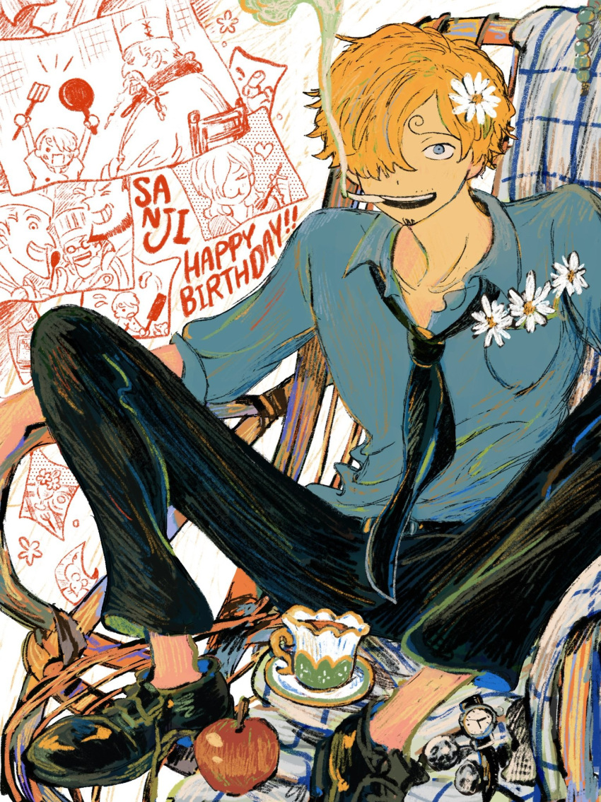 1boy, :d, apple, black_pants, blonde_hair, blue_eyes, blue_shirt, chair