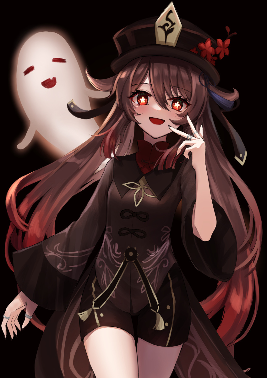 1girl, :d, =_=, absurdres, bangs, black_background, black_nails, blush