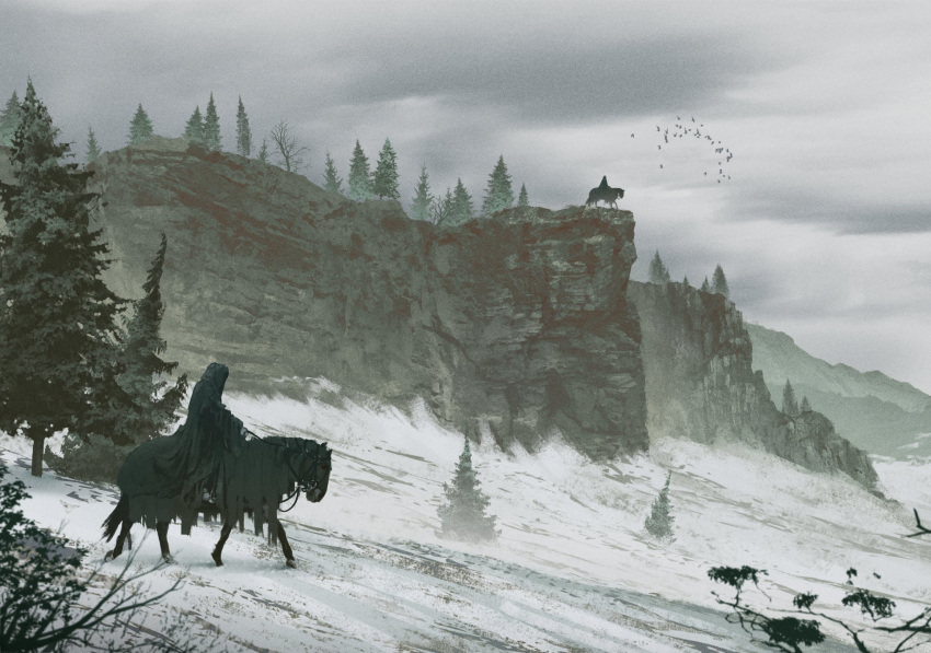 2boys, bird, black_cloak, black_horse, cliff, cloak, commentary, english_commentary
