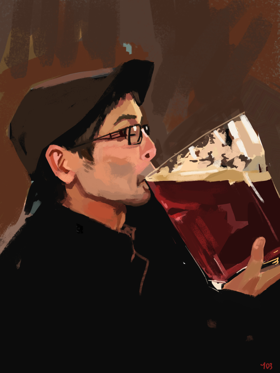1boy, alcohol, beer, beer_glass, black-framed_eyewear, brown_background, brown_hair, brown_headwear, danlamdae, drinking, from_side, highres, long_sleeves, photo-referenced, photorealistic, real_life, realistic, short_hair, simple_background, very_short_hair, zun