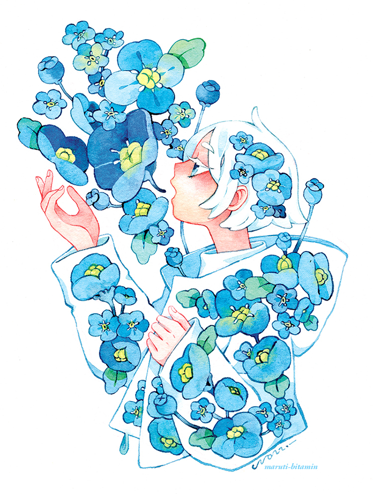 1boy, :o, androgynous, arm_up, artist_name, blue_eyes, blue_flower, blue_theme