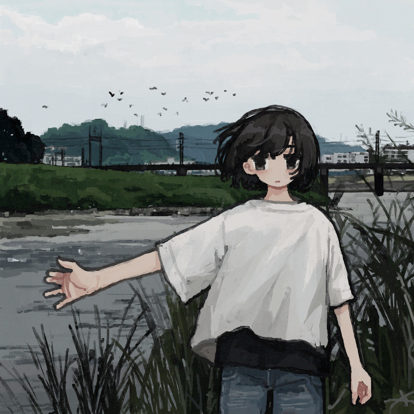 1girl, absurdres, arm_at_side, bangs, black_eyes, black_hair, black_undershirt, bob_cut, bridge, building, closed_mouth, cowboy_shot, denim, expressionless, floating_hair, flock, highres, jeans, mountainous_horizon, original, outdoors, outstretched_arm, overcast, pants, river, riverbank, scenery, shirt, short_hair, short_sleeves, solo, tall_grass, town, tree, uniunimikan, white_shirt, wind