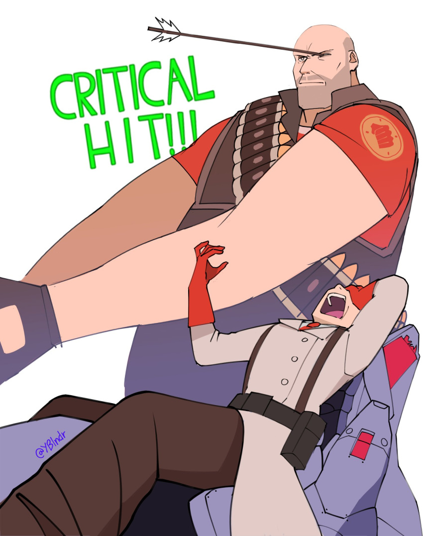 2boys, ammunition_belt, arrow_(projectile), arrow_in_head, bald, belt, black_belt, black_pants