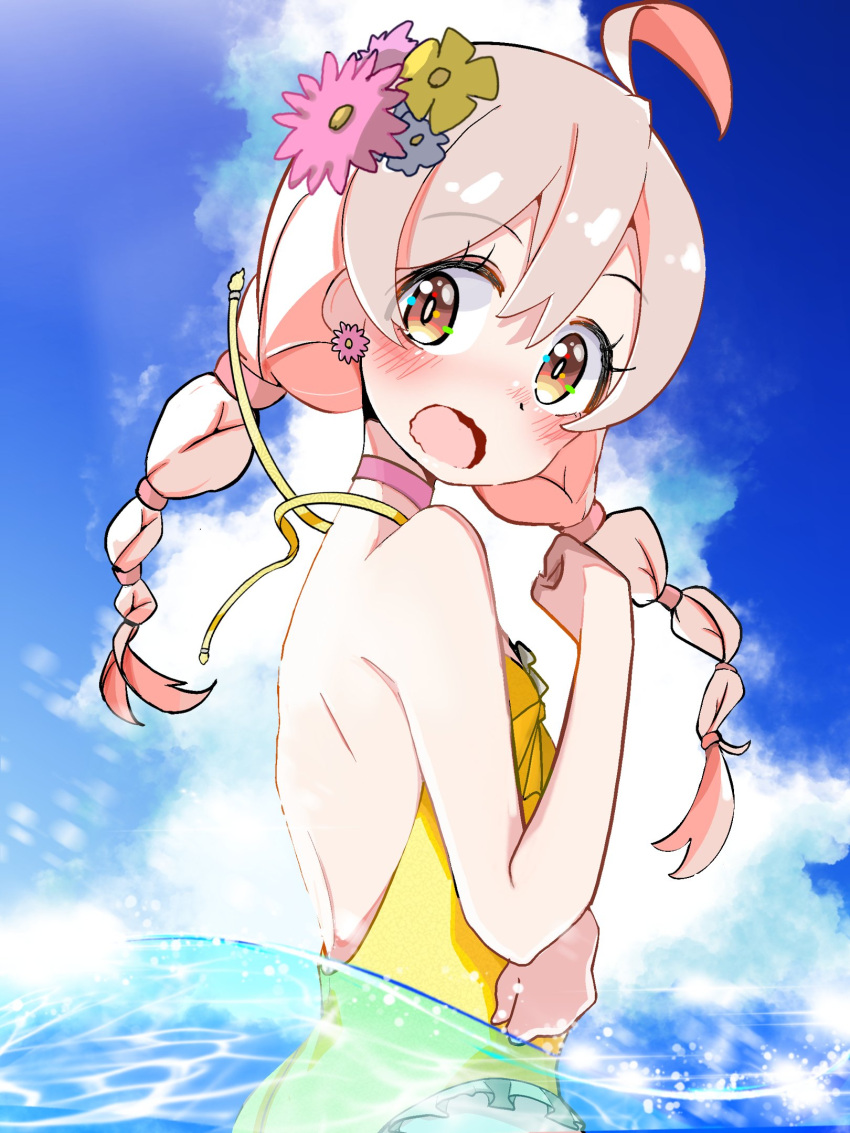 1girl, ahoge, back_cutout, bangs, blue_sky, blush, choker, clenched_hands