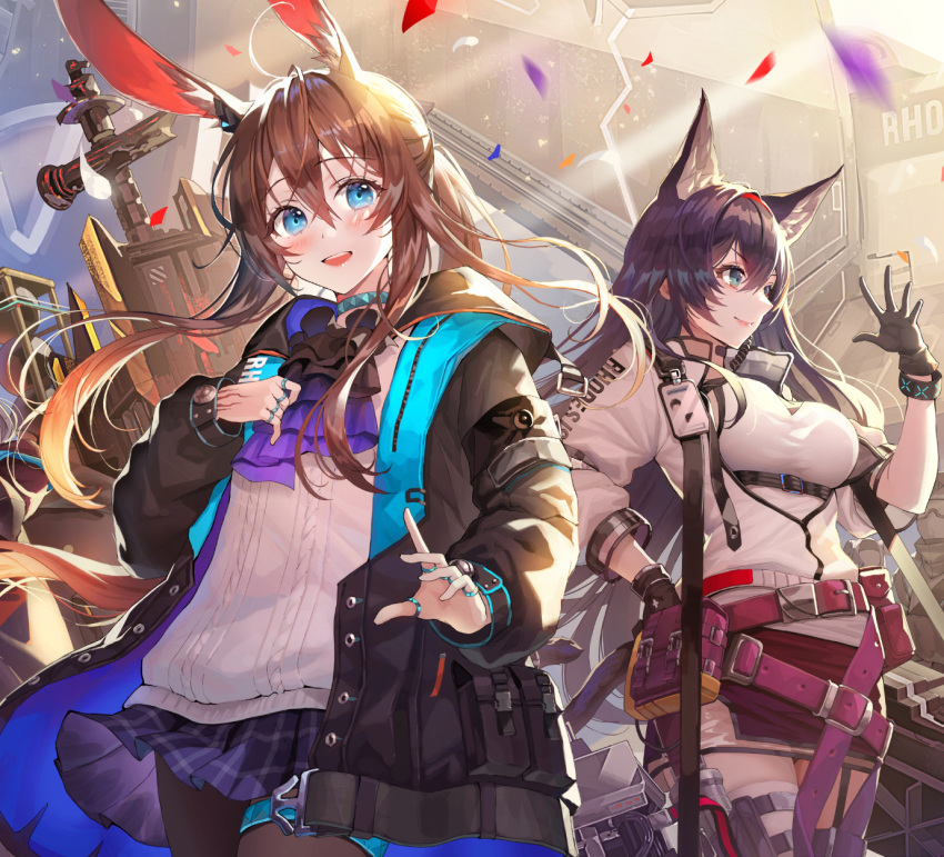 2girls, :d, amiya_(arknights), animal_ears, arknights, black_coat, black_gloves, black_hair