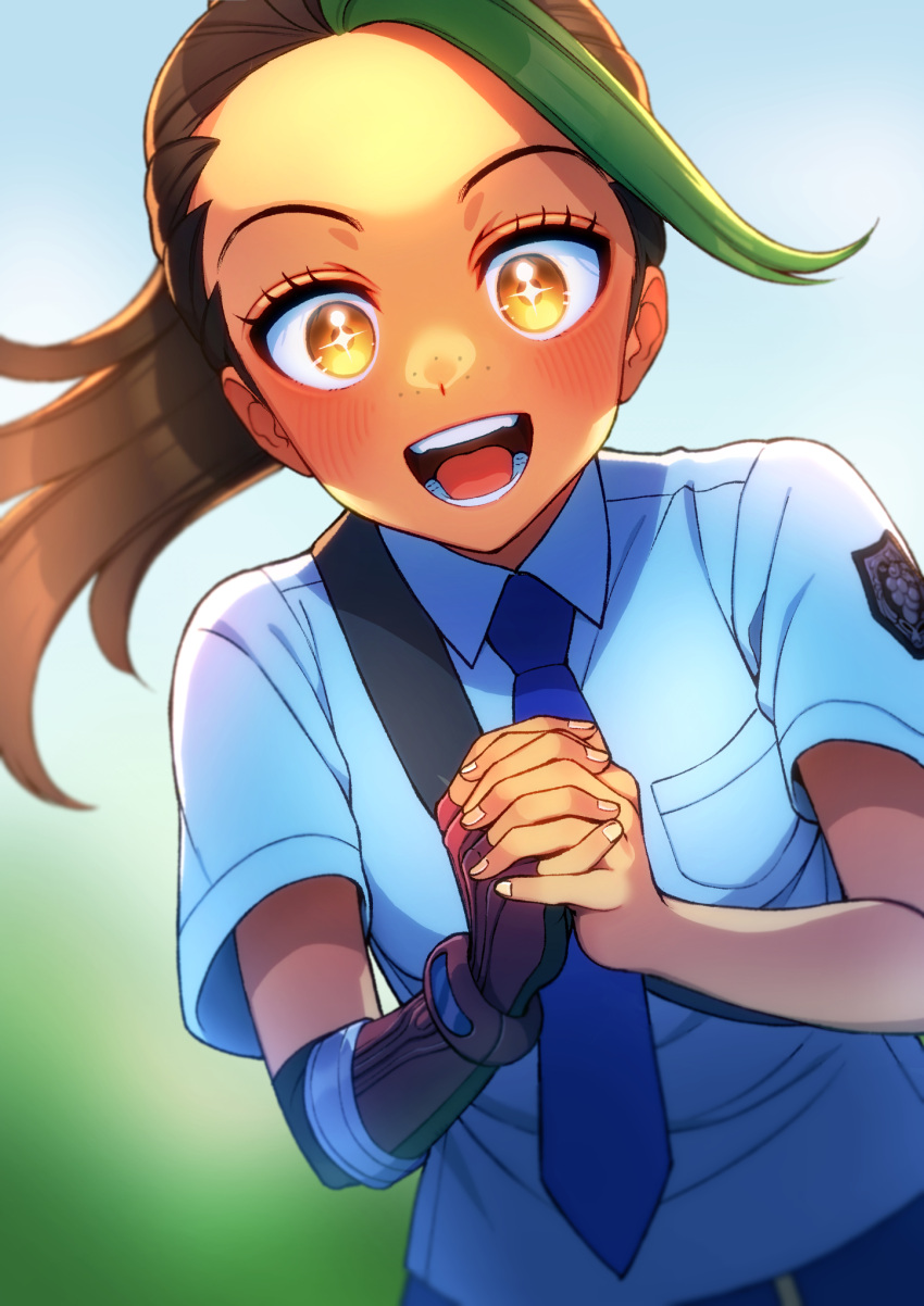 1girl, black_hair, collared_shirt, dark-skinned_female, dark_skin, freckles, gloves, green_hair, highres, interlocked_fingers, komekome_chonpa, long_hair, looking_at_viewer, multicolored_hair, necktie, nemona_(pokemon), open_mouth, own_hands_clasped, own_hands_together, pokemon, pokemon_(game), pokemon_sv, ponytail, purple_necktie, school_uniform, shirt, smile, solo, sparkling_eyes, streaked_hair, two-tone_hair, uva_academy_(emblem), uva_academy_school_uniform, yellow_eyes
