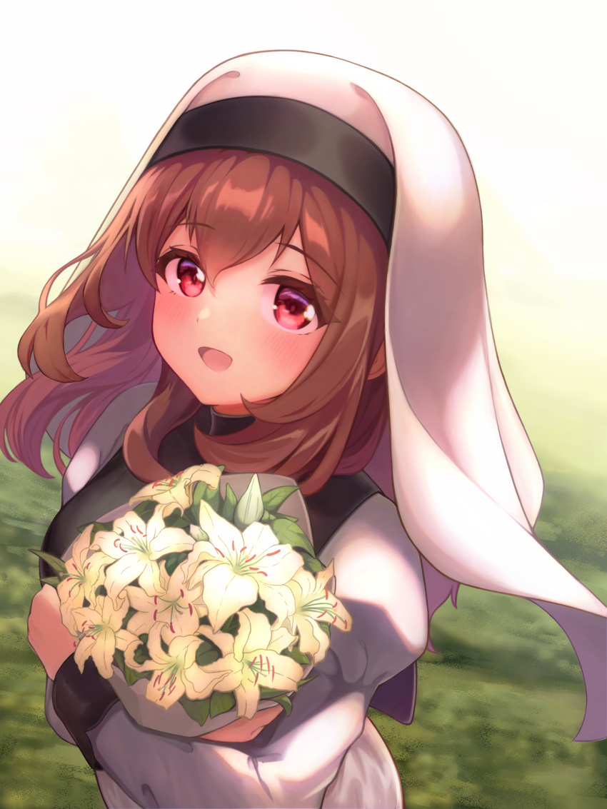 1girl, black_dress, blush, bouquet, brown_hair, dress, ensemble_girls!, flower