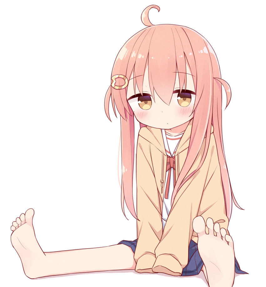 1girl, ahoge, ayanepuna, bangs, barefoot, between_legs, blue_skirt, blush, bow, brown_eyes, brown_jacket, closed_mouth, commentary_request, drawstring, feet, hair_between_eyes, hair_ornament, hairclip, hand_between_legs, highres, hood, hood_down, hooded_jacket, ii_(ayanepuna), jacket, looking_at_viewer, open_clothes, open_jacket, original, pink_hair, pleated_skirt, red_bow, sailor_collar, shadow, shirt, simple_background, sitting, skirt, soles, solo, toes, two_side_up, white_background, white_sailor_collar, white_shirt