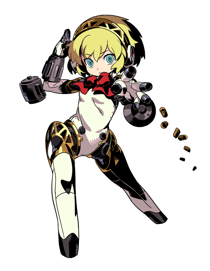 1girl, aegis_(persona), android, blonde_hair, blue_eyes, bow, bowtie, expressionless, full_body, hairband, highres, himukai_yuuji, joints, looking_at_viewer, official_art, persona, persona_3, red_bow, red_bowtie, robot_joints, second-party_source, sekaiju_no_meikyuu, sekaiju_no_meikyuu_hd, shell_casing, short_hair, solo, staring, tagme