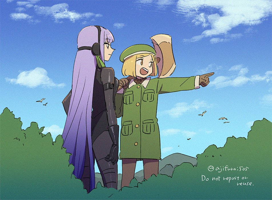 2girls, :d, animal, asaya_minoru, axe, beret, bird, black_bodysuit