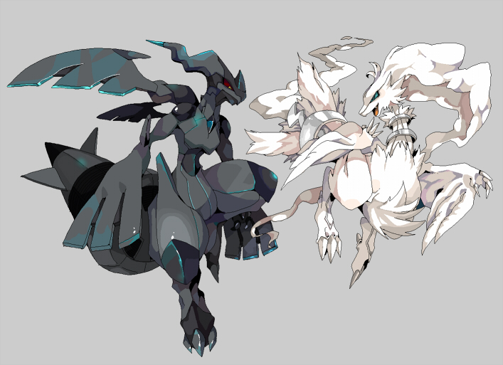 full_body, no_humans, pokemon, pokemon_(creature), pokemon_(game), pokemon_black_and_white, pokemon_bw, reshiram, simple_background, yamipika, zekrom