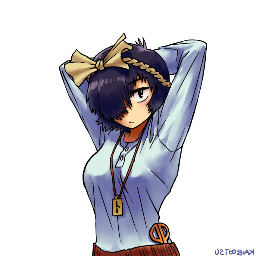 1girl, arms_behind_head, asymmetrical_breasts, black_eyes, black_hair, breasts, commentary, commission