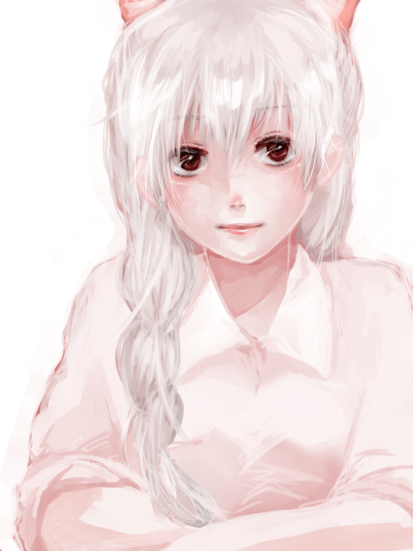 alternate_hairstyle, braid, fujiwara_no_mokou, lips, ojo_(rabu360), pink, rabu360, realistic, shirt, silver_hair, smile, solo, touhou, white_shirt