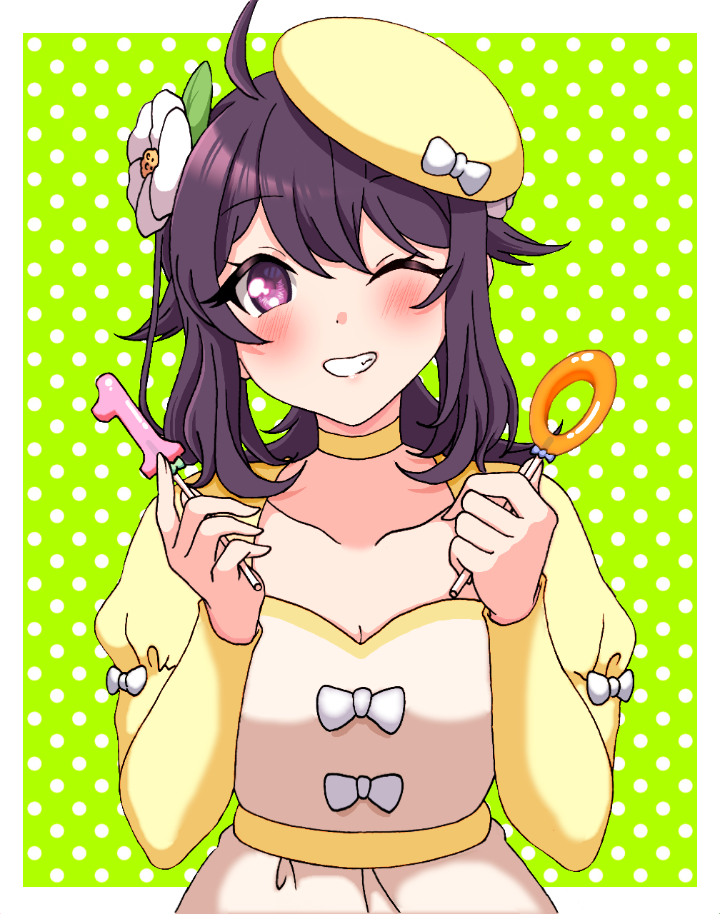 1girl, blush, border, dress, ensemble_girls!, highres, kodama_ichika, looking_at_viewer, mossanfavo, multicolored_background, one_eye_closed, polka_dot, polka_dot_background, purple_hair, short_hair, smile, solo, teeth, violet_eyes, white_background, white_border, yellow_background, yellow_dress, yellow_headwear