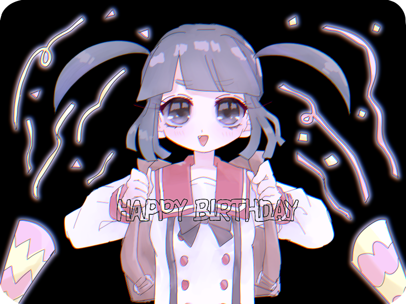 1girl, backpack, bag, black_background, black_eyes, brown_bag, eg_bssy, ensemble_girls!, fang, happy_birthday, kimisaki_school_uniform, long_sleeves, looking_at_viewer, ono_chiyo, open_mouth, purple_hair, school_uniform, short_twintails, smile, solo, twintails