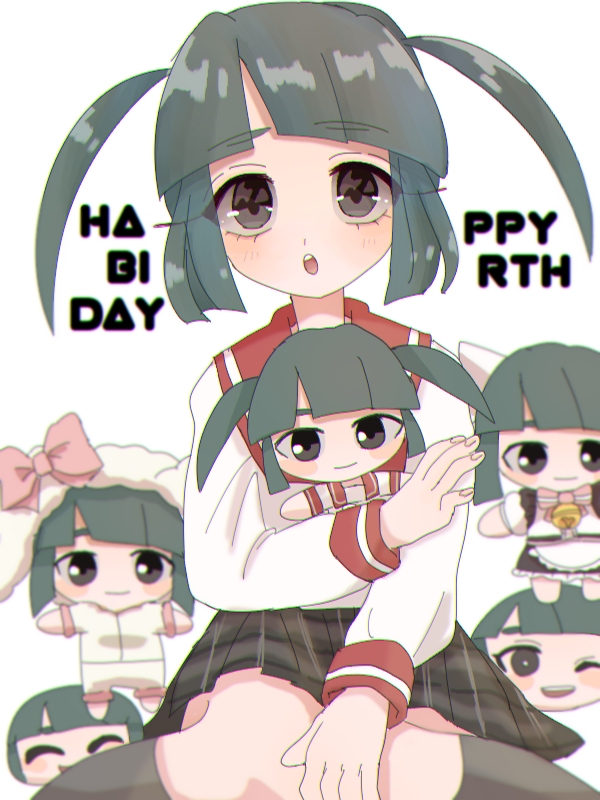 1girl, black_eyes, black_hair, eg_bssy, ensemble_girls!, happy_birthday, holding, holding_stuffed_toy