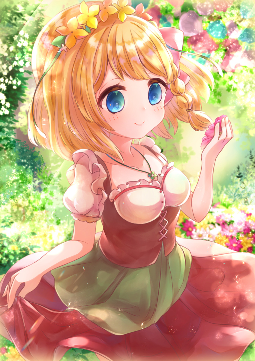 1girl, absurdres, blonde_hair, blue_eyes, blush, closed_mouth, corset, dress