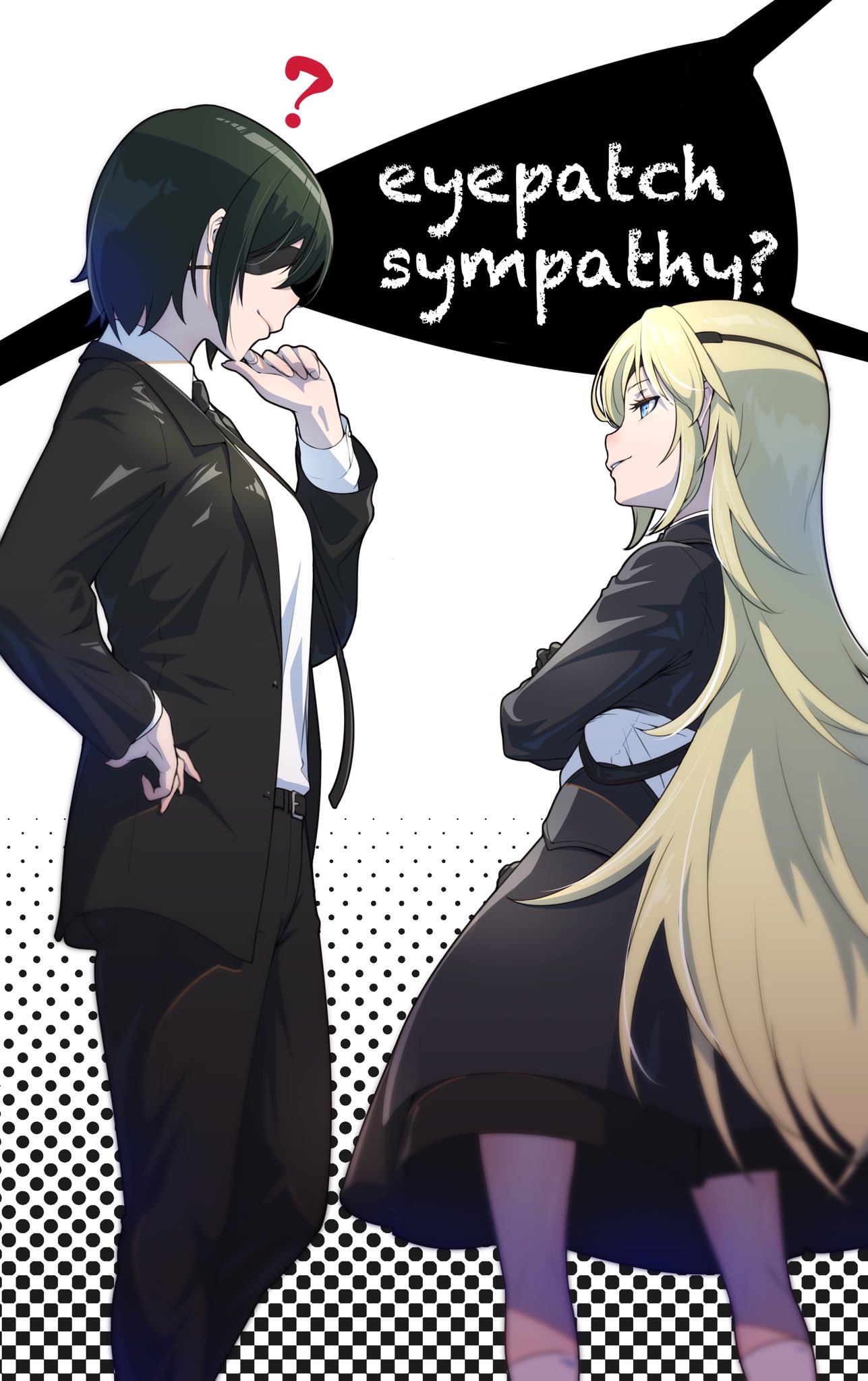 2girls, ?, belt, black_dress, black_gloves, black_hair, black_necktie, black_pants, blonde_hair, blue_eyes, chainsaw_man, collared_shirt, crossed_arms, dress, english_text, eye_contact, eyepatch, feet_out_of_frame, formal, fune_(fune93ojj), gloves, goddess_of_victory:_nikke, guillotine_(nikke), hand_on_hip, hand_on_own_chin, head_down, highres, himeno_(chainsaw_man), long_hair, looking_at_another, military, military_uniform, multiple_girls, necktie, pants, shirt, shirt_tucked_in, short_hair, skirt, socks, standing, stroking_own_chin, suit, suit_jacket, uniform, very_long_hair, white_shirt, white_socks