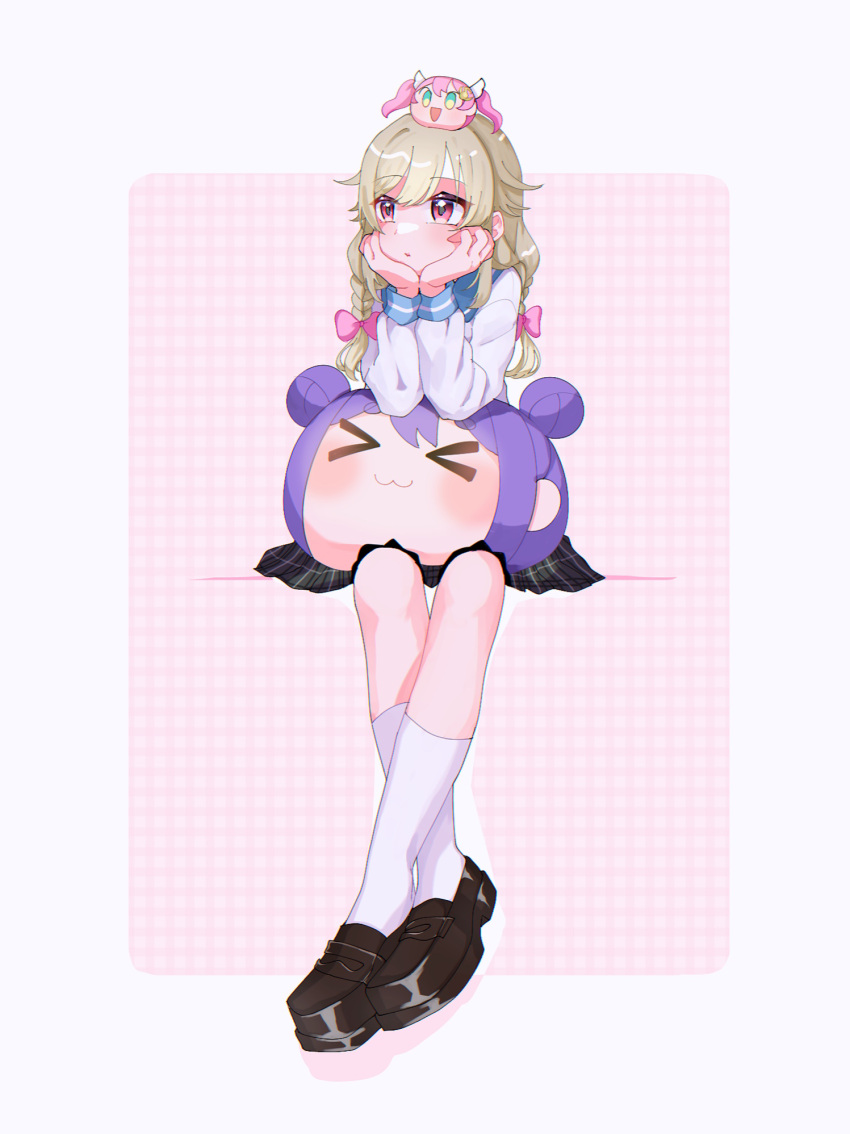 1girl, aritammmmmm, blonde_hair, blush, border, closed_mouth, ensemble_girls!, facing_to_the_side, full_body, head_rest, highres, kimisaki_school_uniform, kirishima_kairi, long_hair, long_sleeves, nagai_yuu, pink_background, pink_eyes, school_uniform, stuffed_toy, white_border