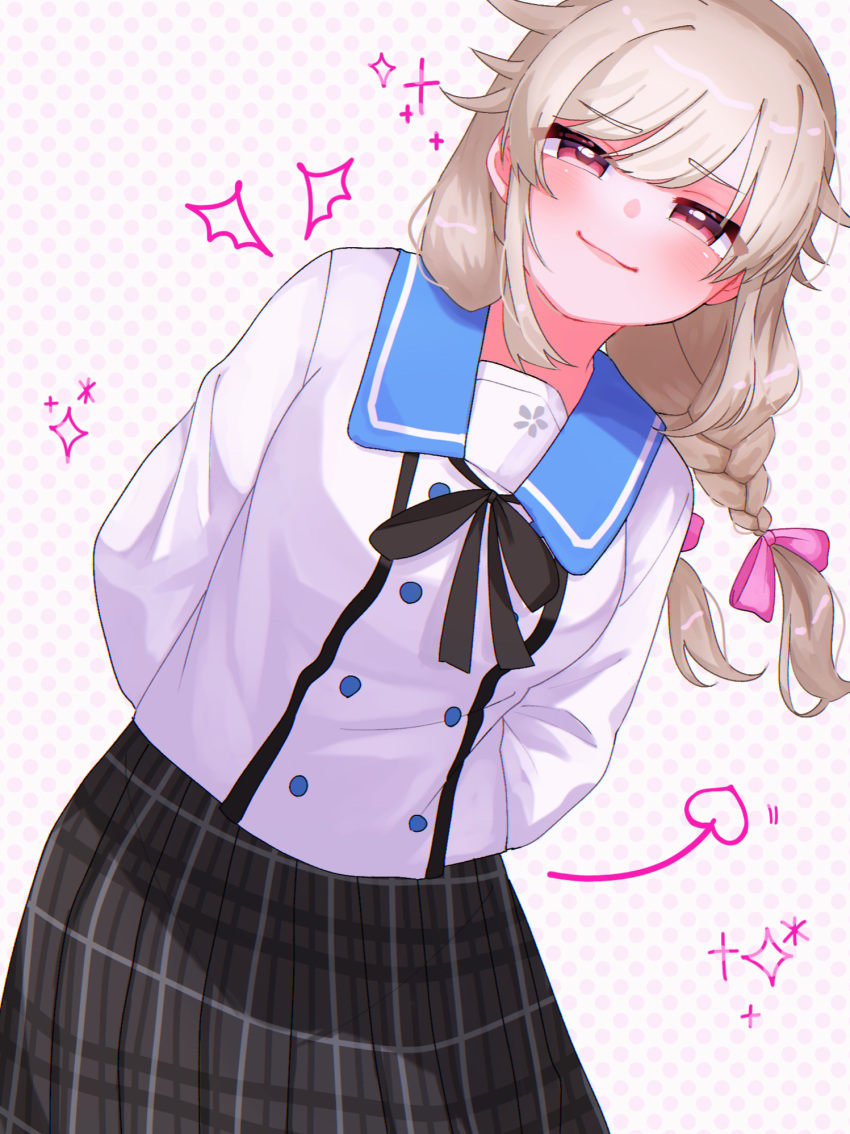 1girl, aritammmmmm, blonde_hair, blush, braid, closed_mouth, ensemble_girls!, hair_ribbon
