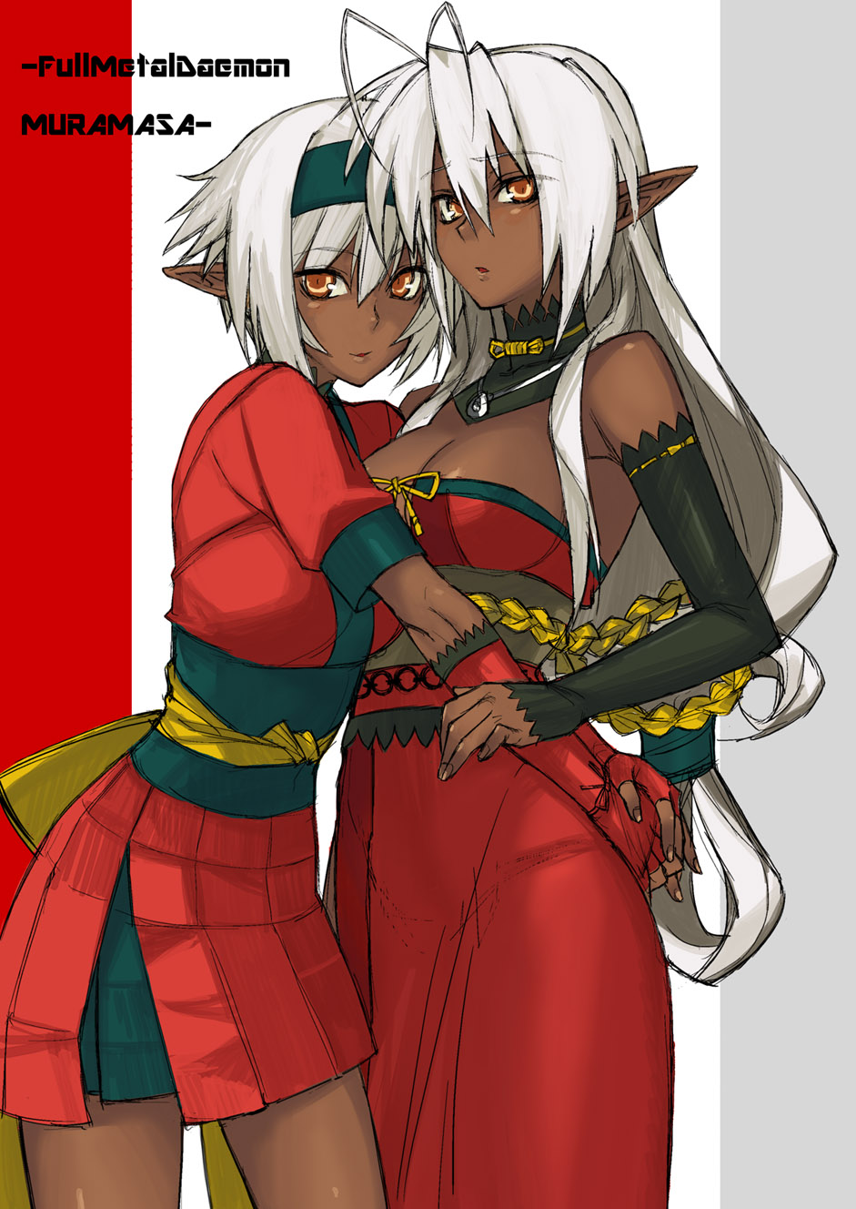 breasts, cleavage, dark_skin, detached_sleeves, dress, elf, highres, hug