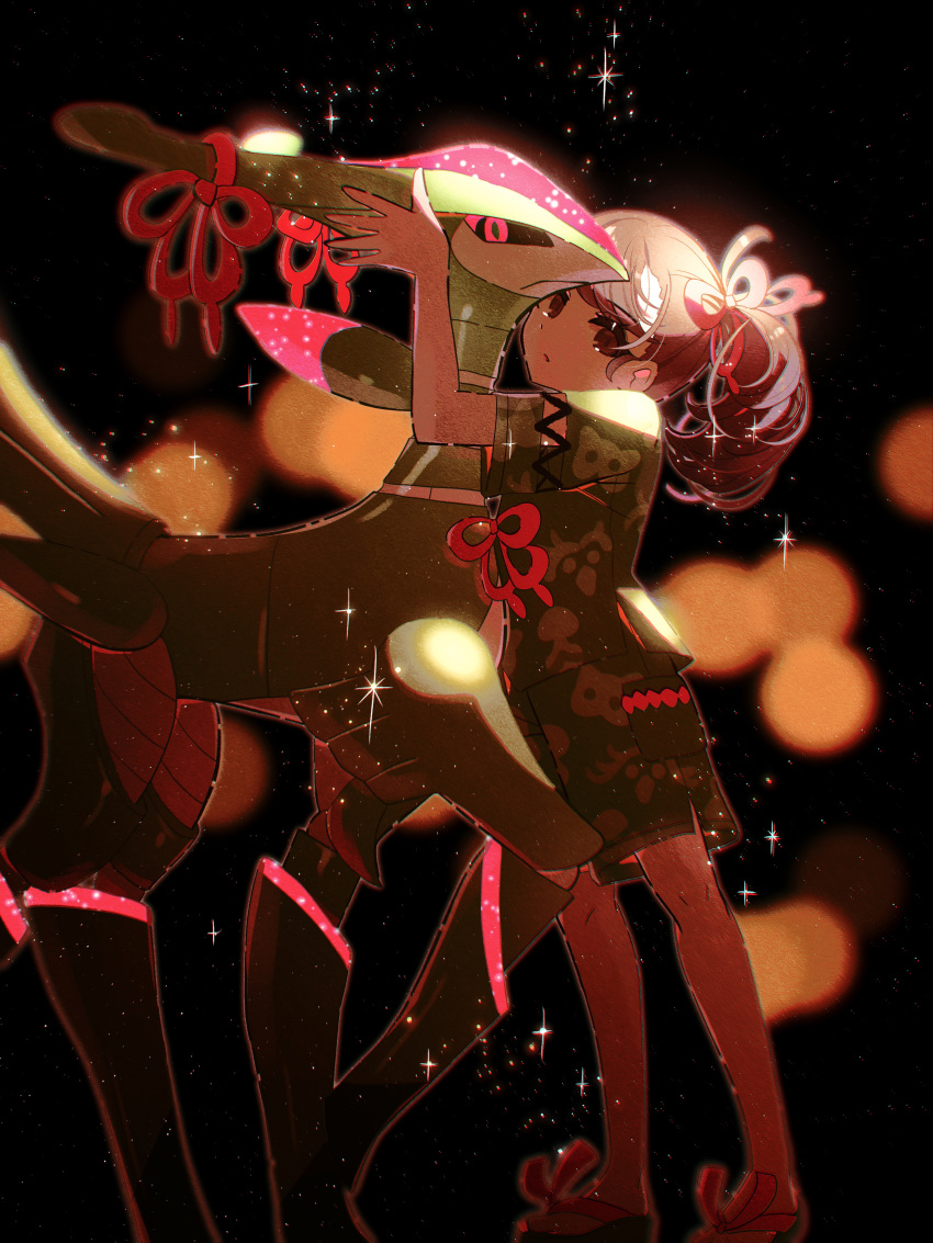 1girl, absurdres, arm_up, bangs, brown_eyes, brown_hair, closed_mouth, commentary_request, eyelashes, fukkatsu_no_maya, hair_ribbon, highres, iron_leaves, jacket, juliana_(pokemon), knees, looking_at_viewer, pokemon, pokemon_(creature), pokemon_(game), pokemon_sv, ponytail, red_ribbon, ribbon, sandals, short_sleeves, shorts, sparkle, standing