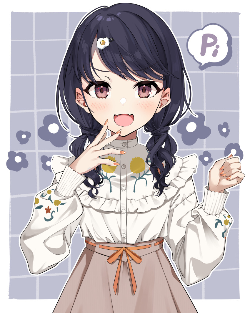 1girl, absurdres, bangs, black_hair, brown_skirt, commentary_request, fangs, fingerless_gloves