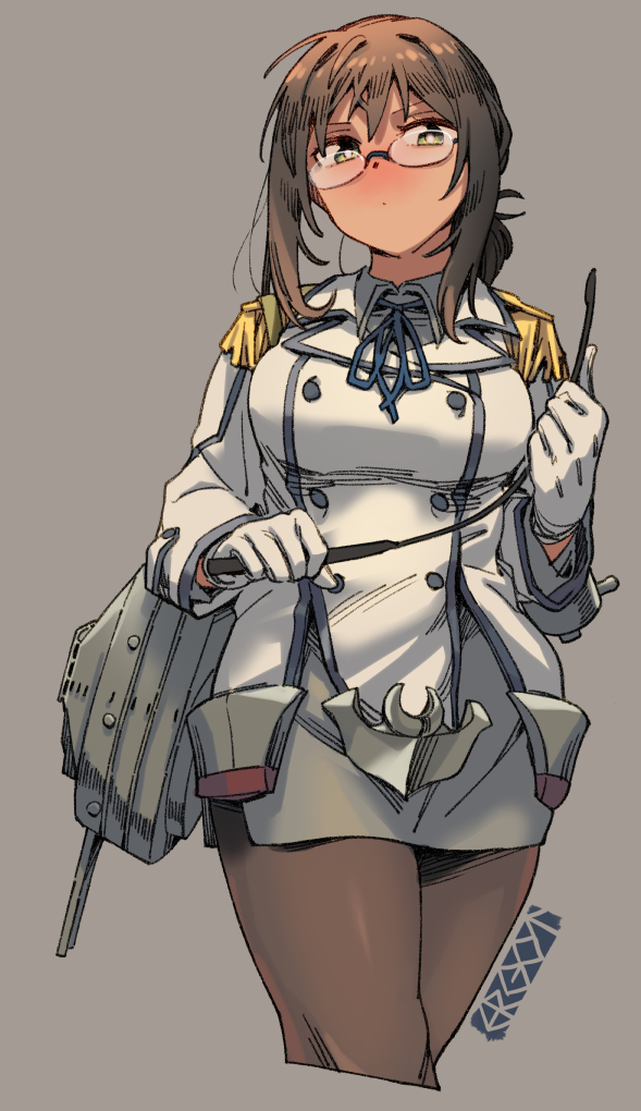 1girl, artist_logo, artist_name, bespectacled, black_pantyhose, breasts, brown_hair, closed_mouth, collared_shirt, cosplay, cropped_legs, epaulettes, ergot, feet_out_of_frame, fubuki_(kancolle), glasses, gloves, green_eyes, grey_background, grey_shirt, grey_skirt, holding, jacket, kantai_collection, katori_(kancolle), katori_(kancolle)_(cosplay), large_breasts, long_sleeves, machinery, military, military_uniform, pantyhose, pencil_skirt, rigging, shirt, short_hair, short_ponytail, simple_background, skirt, solo, turret, uniform, white_gloves, white_jacket