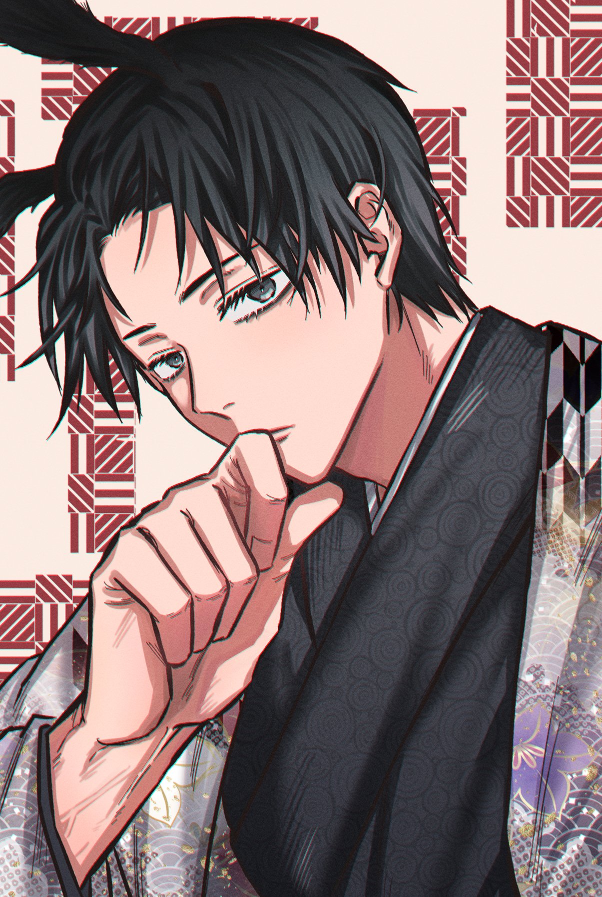1boy, animal_ears, bangs, black_eyes, black_hair, black_kimono, closed_mouth, fushirun_rung