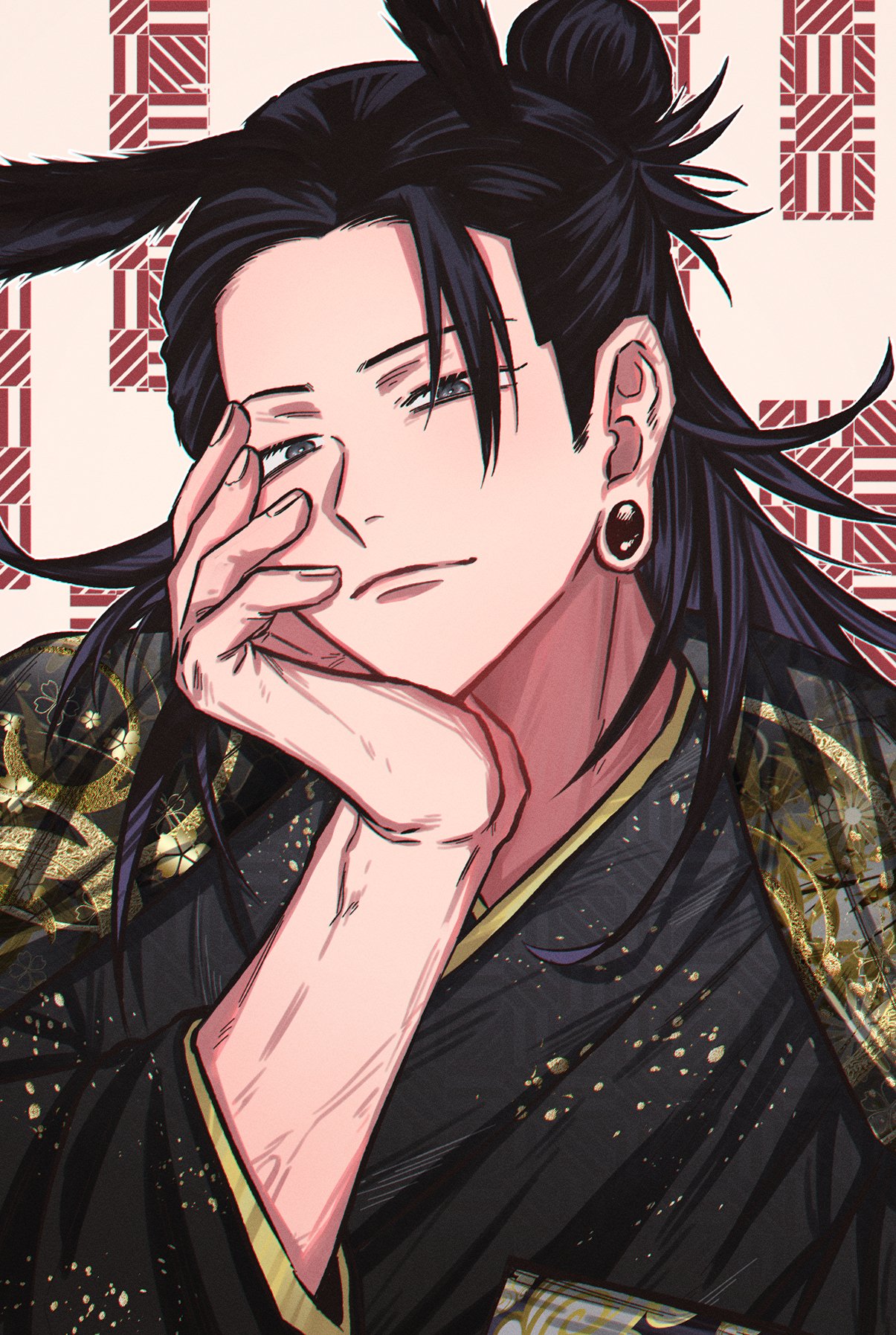 1boy, animal_ears, black_eyes, black_hair, closed_mouth, fushirun_rung, getou_suguru, hair_bun