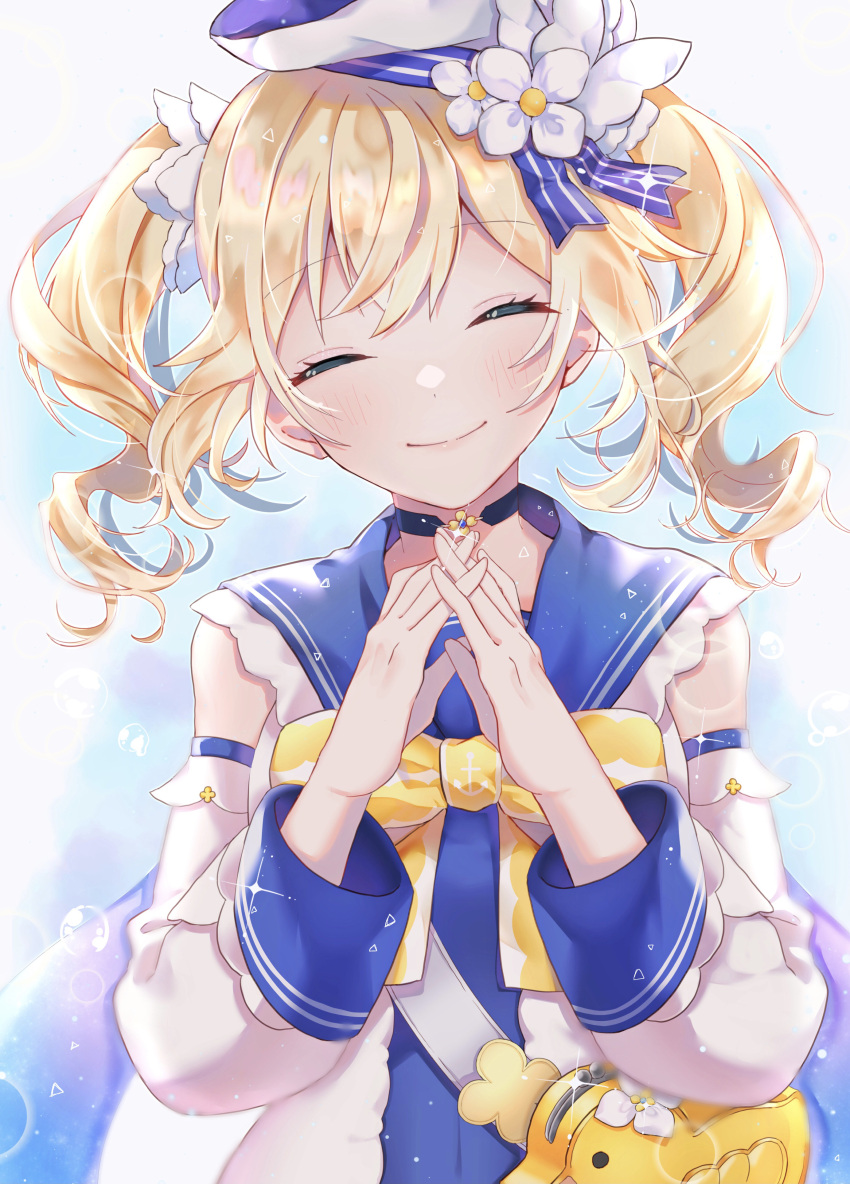 1girl, ^_^, absurdres, bag, bangs, barbara_(genshin_impact), barbara_(summertime_sparkle)_(genshin_impact), blonde_hair