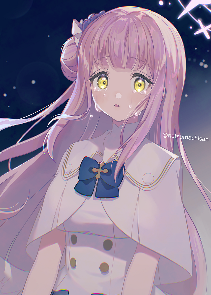 1girl, bangs, blue_archive, blunt_bangs, capelet, commentary_request, crying, crying_with_eyes_open, dress, hair_bun, hair_ornament, halo, long_hair, looking_at_viewer, mika_(blue_archive), natsumachisan, night, night_sky, one_side_up, parted_lips, pink_hair, sidelocks, single_side_bun, sky, solo, star_(sky), starry_sky, tears, turtleneck_dress, white_dress, yellow_eyes