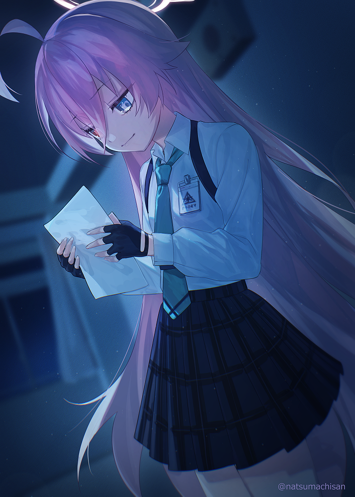 1girl, ahoge, bangs, black_gloves, blue_archive, blurry, collared_shirt, commentary_request, curtains, depth_of_field, fingerless_gloves, gloves, hair_between_eyes, halo, heterochromia, holding, holding_paper, hoshino_(blue_archive), indoors, long_hair, long_sleeves, natsumachisan, necktie, night, night_sky, paper, pink_hair, plaid, plaid_skirt, pleated_skirt, reading, school, school_uniform, shirt, shoulder_strap, sidelocks, skirt, sky, smile, solo, window