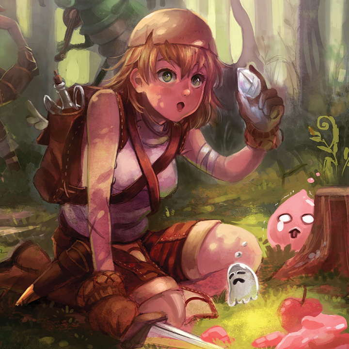 1girl, arm_wrap, backpack, bag, bangs, blonde_hair, blush, boots, brown_bag, brown_footwear, brown_gloves, commentary, dagger, day, fiddlehead, forest, full_body, ghostring, gloves, grass, green_eyes, holding, holding_dagger, holding_knife, holding_weapon, kneeling, knife, lunacerra, nature, novice_(ragnarok_online), open_mouth, outdoors, poring, ragnarok_online, rocker_(ragnarok_online), scar, scar_on_arm, scared, shirt, short_hair, sleeveless, sleeveless_shirt, slime_(creature), tree, tree_stump, trembling, weapon, white_shirt