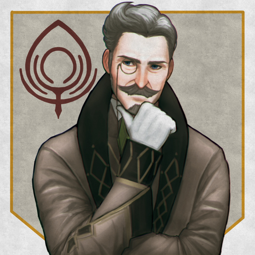 1boy, facial_hair, fire_emblem, fire_emblem:_three_houses, gloves, grey_hair, hand_on_own_chin, hanneman_von_essar