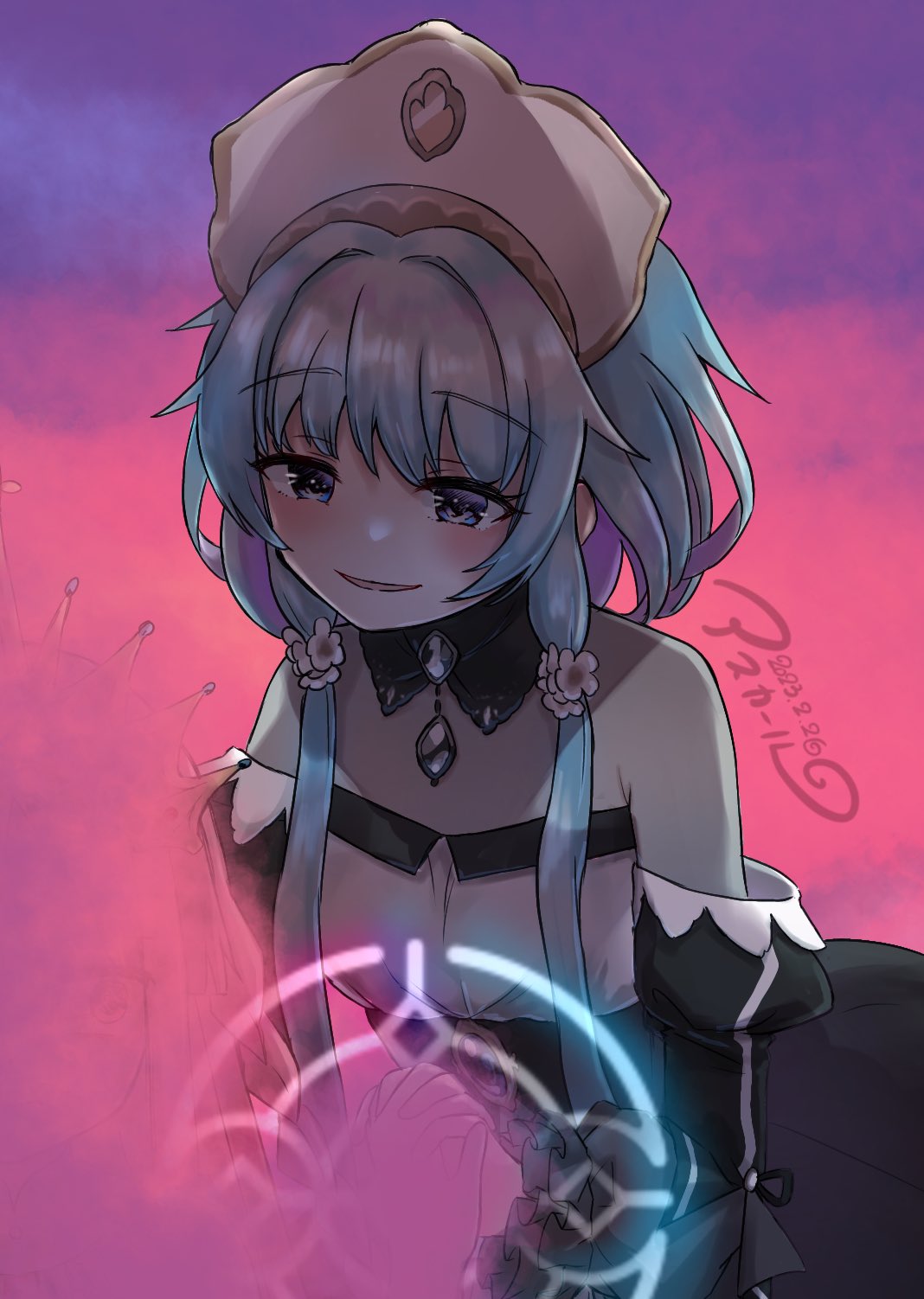 2girls, artist_name, asukaru_(magika_ru), bangs, black_collar, blue_eyes, blue_hair, blush