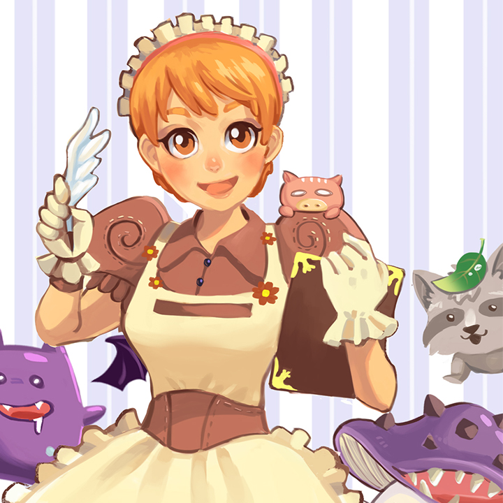 1girl, apron, bangs, blush, breasts, brown_dress, clipboard, collared_dress