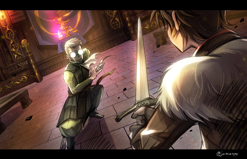 2boys, banner, belt, benedict_pascal, capelet, closed_mouth, commentary_request, dutch_angle