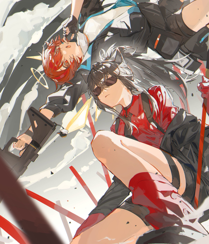 2girls, :o, absurdres, animal_ear_fluff, animal_ears, arknights, black_footwear, black_gloves, black_hair, black_jacket, black_necktie, black_shorts, collared_shirt, detached_wings, exusiai_(arknights), exusiai_(midnight_delivery)_(arknights), fingerless_gloves, gloves, gun, halo, highres, holding, holding_gun, holding_weapon, jacket, kriss_vector, kuilaogouhuabudongle, looking_at_viewer, multiple_girls, necktie, off_shoulder, official_alternate_costume, open_clothes, open_jacket, open_mouth, partially_unzipped, ponytail, red_eyes, red_gloves, red_shirt, red_socks, redhead, shirt, short_hair, shorts, socks, submachine_gun, sunglasses, suspenders, texas_(arknights), texas_(willpower)_(arknights), weapon, white_shirt, wings, wolf_ears