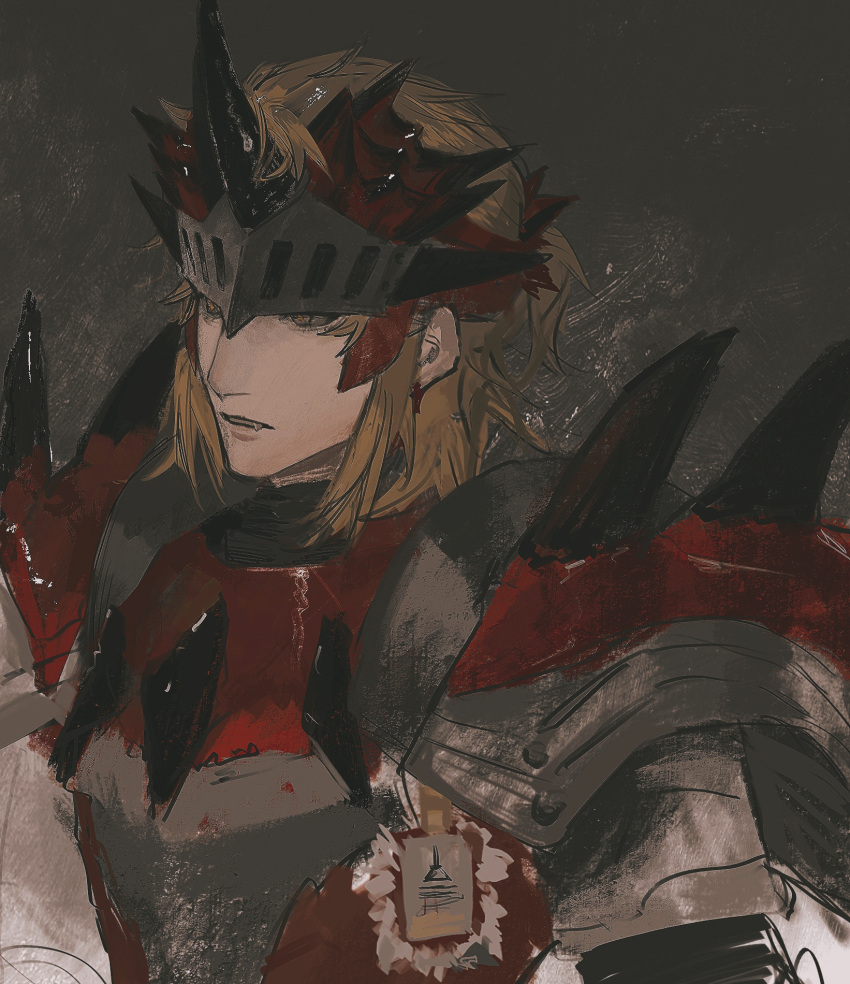 1boy, arknights, blonde_hair, fang, highres, horns, id_card, looking_ahead