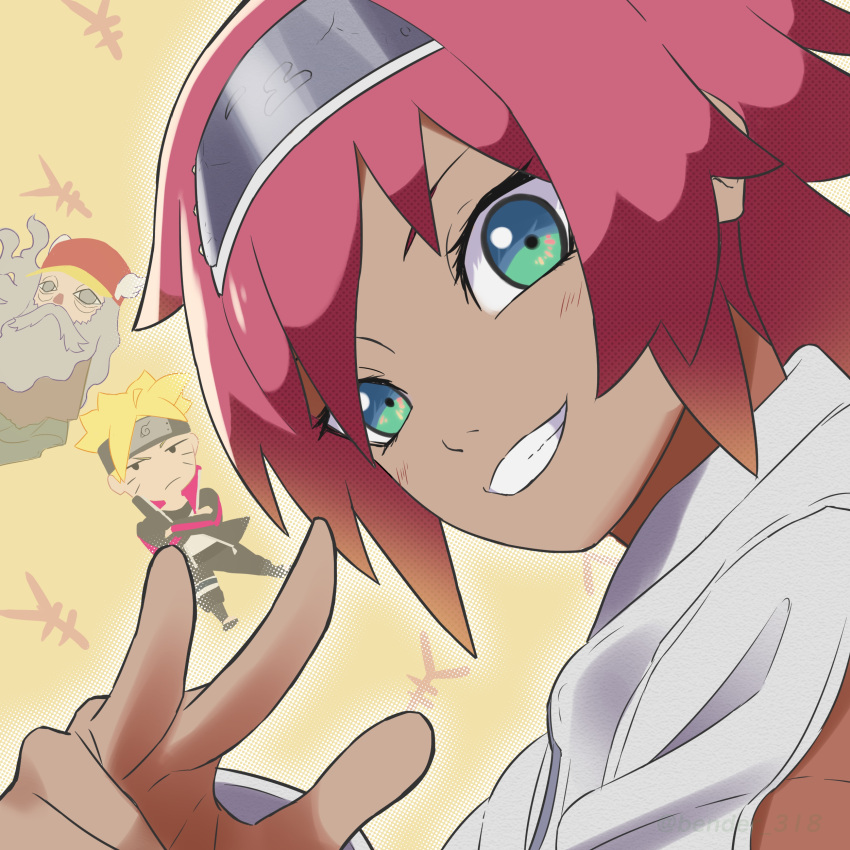 absurdres, batta_(boruto), bender_(318), boruto:_naruto_next_generations, dark-skinned_female, dark_skin, forehead_protector, green_eyes, highres, naruto_(series), ninja, smile, uzumaki_boruto, v, yen_sign
