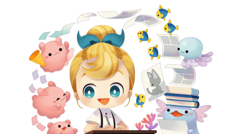 1girl, :3, :d, alpha_transparency, animal, aqua_eyes, aqua_ribbon, artist_request, axolotl, bad_source, bangs, blonde_hair, blush, book, buttons, collared_shirt, fanbox, fish, holding, holding_pen, jellyfish, looking_at_animal, no_nose, octopus, official_art, open_mouth, paper, pen, pixiv, ribbon, shirt, short_sleeves, smile, solid_circle_eyes, solo, suspenders, updo, white_shirt