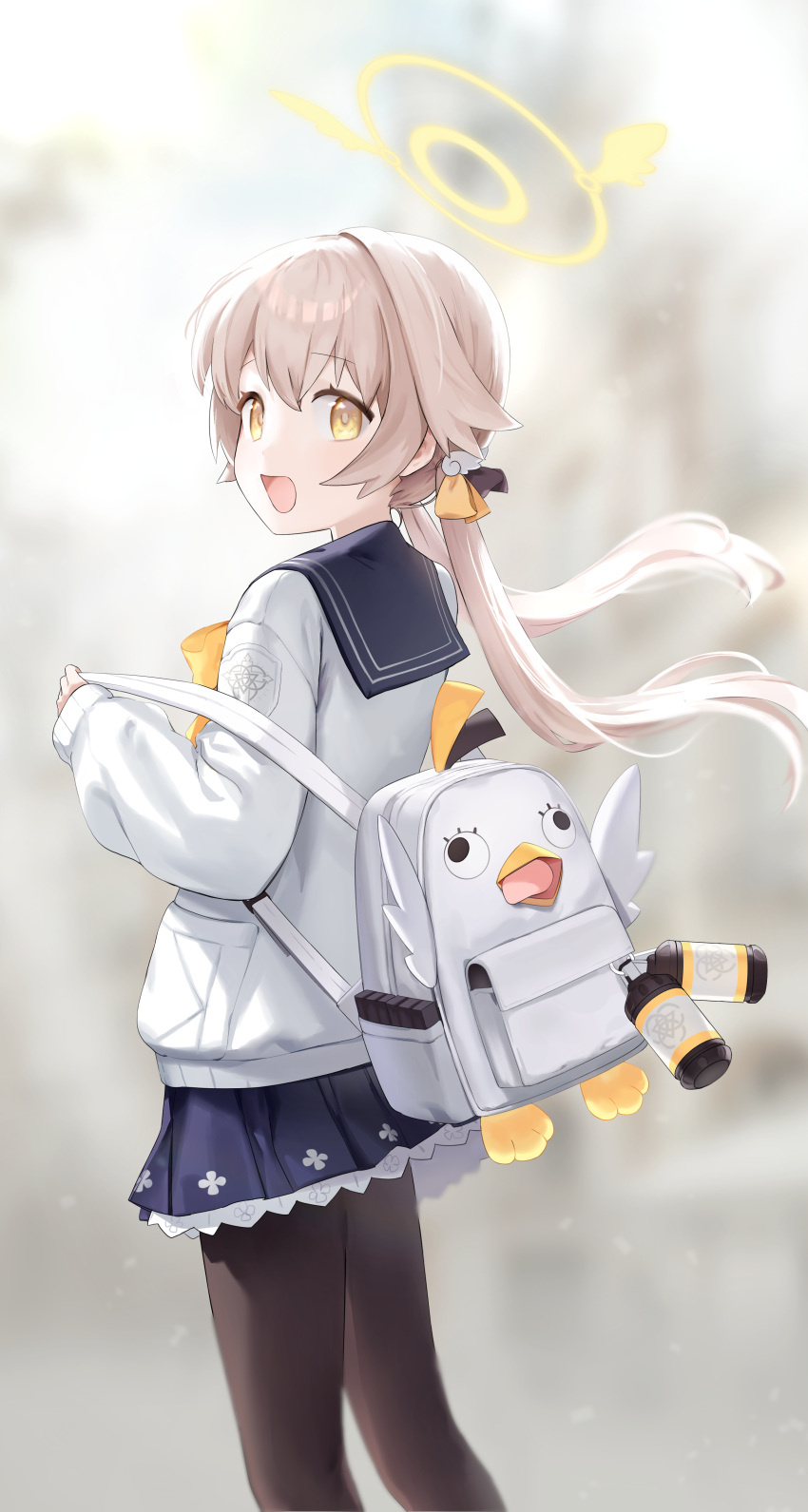 1girl, :d, absurdres, back, backpack, bag, bangs, black_pantyhose