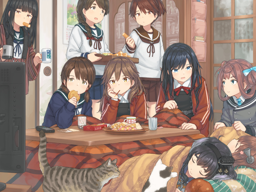 6+girls, animal, arashio_(kancolle), arashio_kai_ni_(kancolle), asagumo_(kancolle), asashio_(kancolle), asashio_kai_ni_(kancolle), bangs