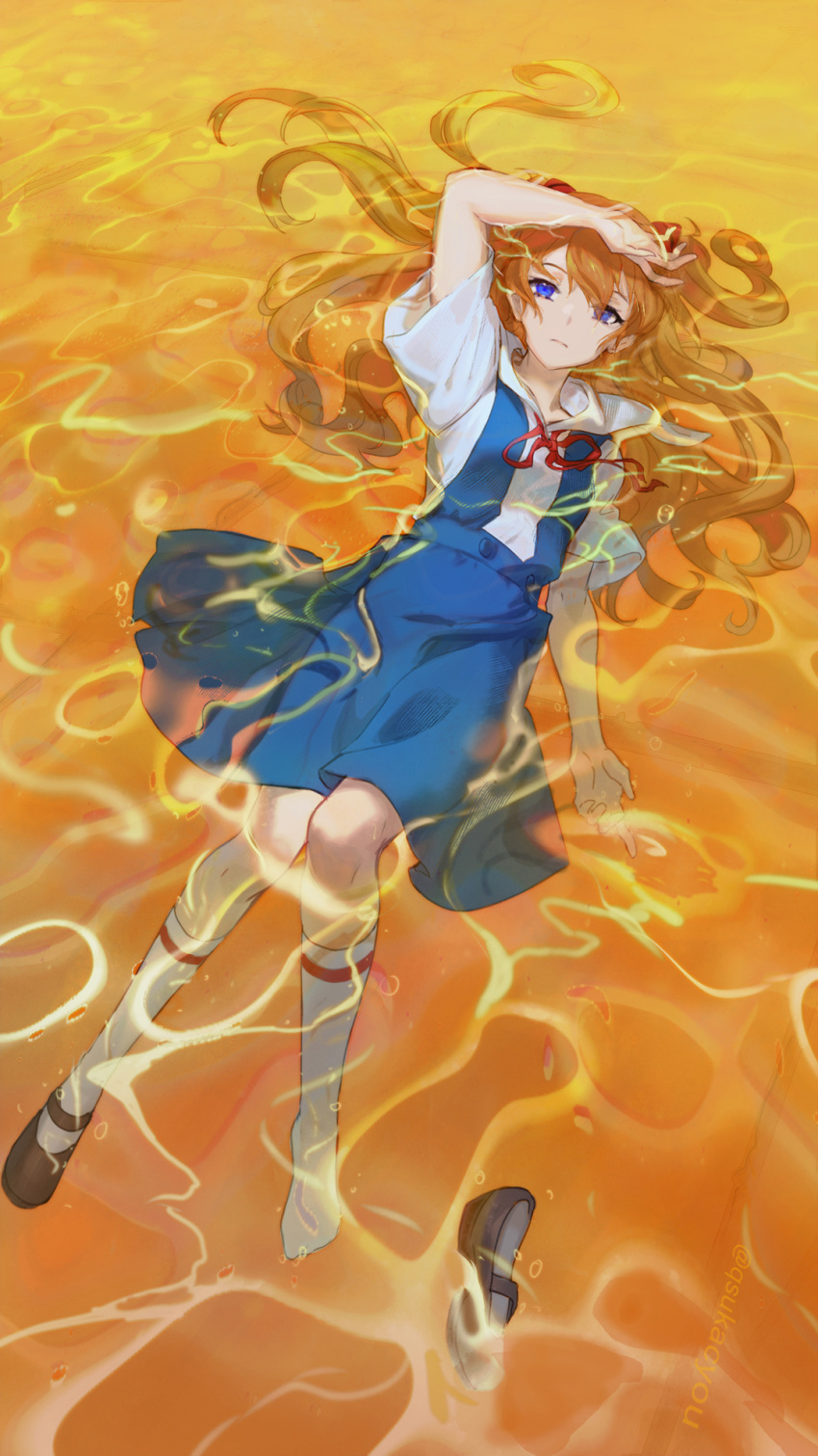 1girl, asukayou, blonde_hair, blue_eyes, blue_skirt, closed_mouth, expressionless, full_body