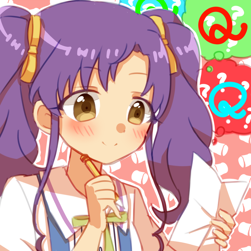 1girl, ?, ??, blue_background, blush, closed_mouth, ehon_chioka, ensemble_girls!