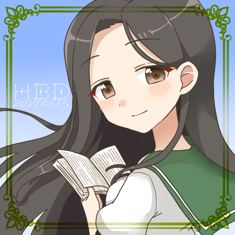 1girl, black_hair, blue_background, blush, book, brown_eyes, closed_mouth, ehon_chioka